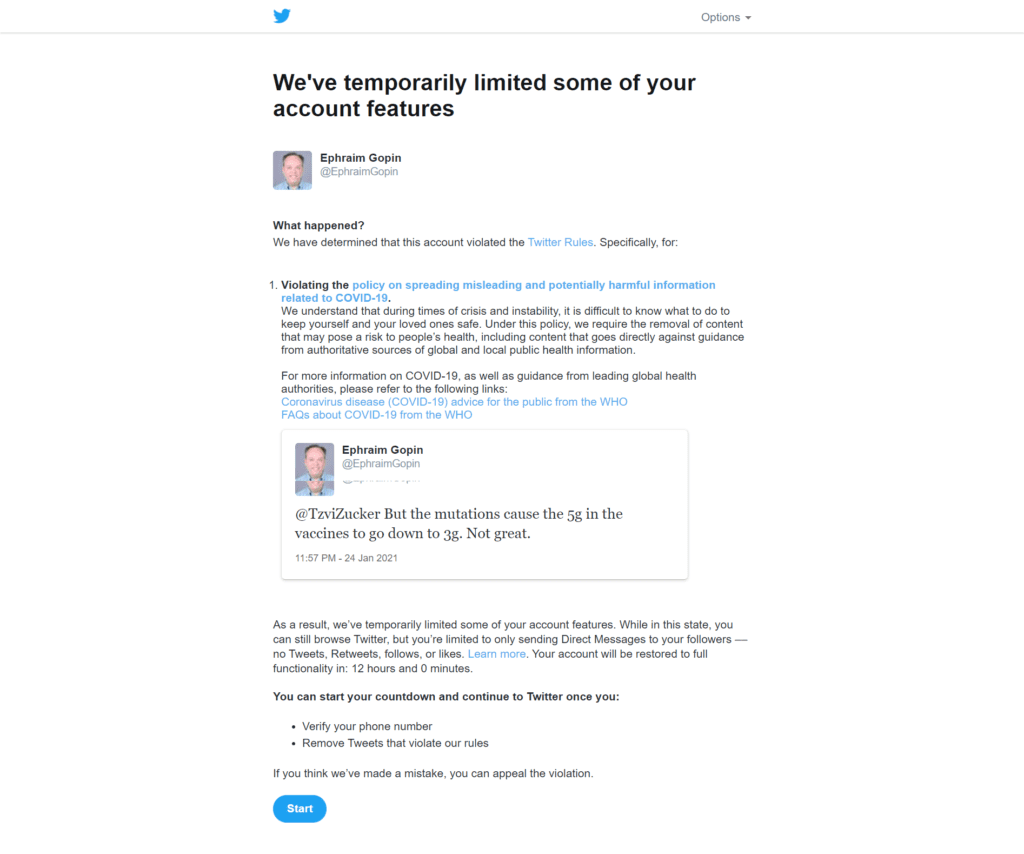 Ephraim Gopin's tweet is flagged by Twitter