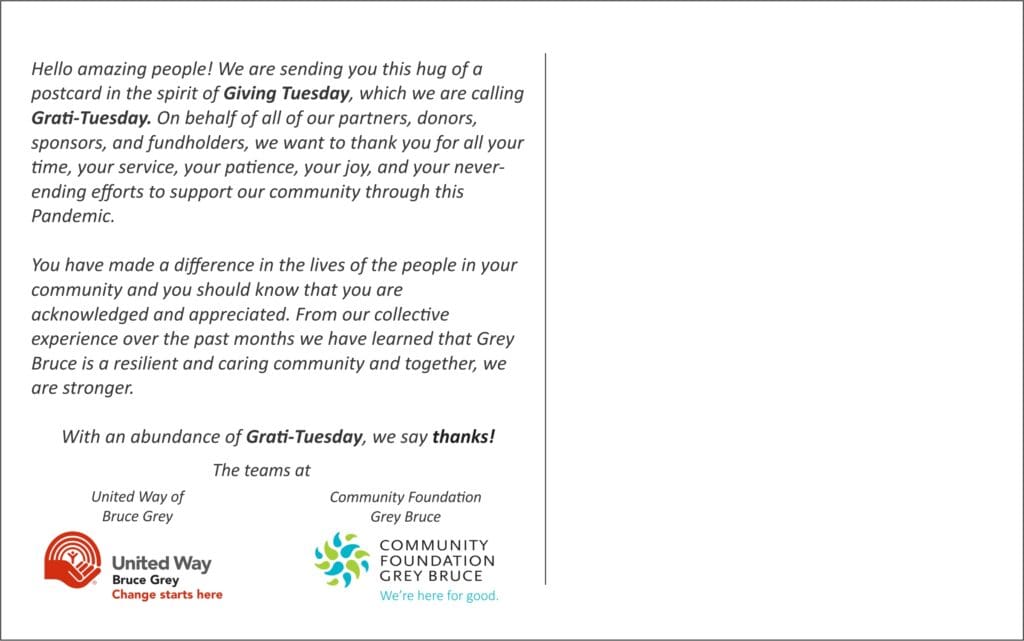 Grati-Tuesday postcard from United Way of Bruce Grey