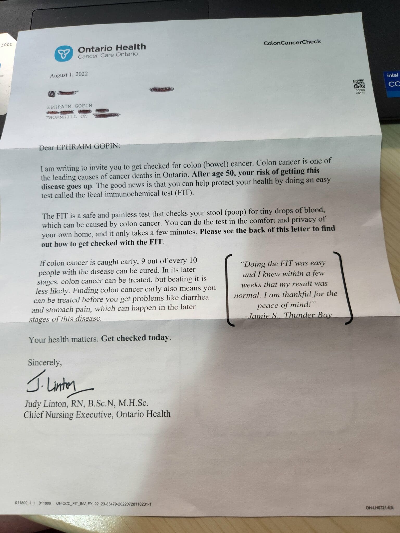 A letter from Ontario Health reminding Ephraim Gopin to get a prostate check