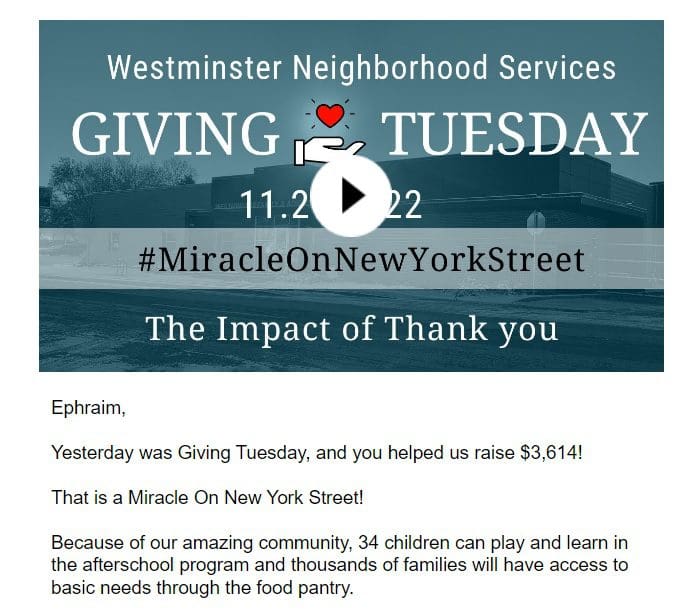 Giving Tuesday gratitude email from Westminster Neighborhood Services