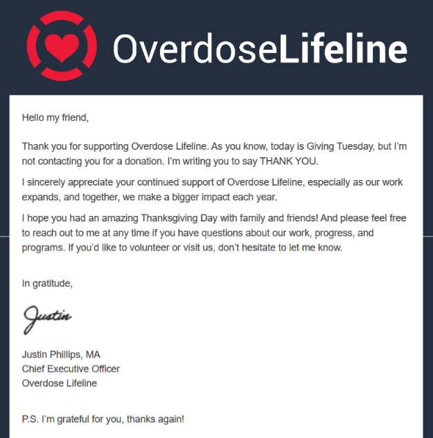 Overdose Lifeline email thanking supporters