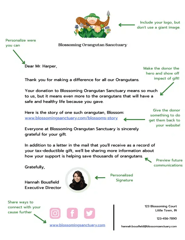 A donation thank-you letter template with a personalized greeting, impact information, and donor-centric language. 