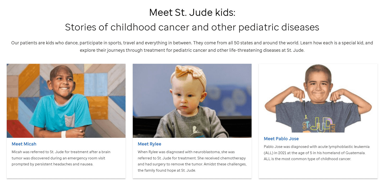 Previews of Patient Stories on the St. Jude website